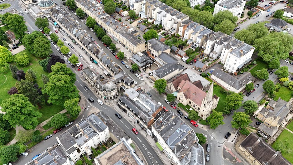 Aerial view of a residential area in Blackheath, showing a street with parked cars along the curb, lined with closely spaced terraced houses and apartment buildings. Green trees are interspersed throughout the scene, providing a lush backdrop to the urban landscape. In the foreground, a church with a tall steeple is visible, surrounded by trees and other residential structures. The scene is well-lit with natural daylight, capturing the dense housing layout, the street's curved pavement, and the overall neighbourhood environment, illustrating typical elements involved in home relocation and furniture transport services by Man and Van Blackheath.