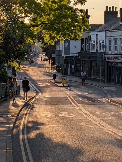 An outdoor scene showing a street in Blackheath during daylight with a clear sky. In the foreground, there is a small paved area with painted yellow road markings and several green metal bollards surrounding potted plants. A woman dressed in casual clothing is walking across the pavement, carrying a small item. To the left, there is a shop with a large glass window displaying assorted goods and a white awning. A green lamppost and an information sign are positioned near the pavements. On the street, a white van and a truck with a partially visible delivery logo are parked along the curb, indicating possible loading activities related to home relocation or furniture transport services. In the background, there are residential buildings with brick exteriors, chimneys, and tree-lined streets, suggesting a suburban neighbourhood. This scene possibly captures a moment during a same-day removals service provided by Man and Van Blackheath, highlighting moving logistics involving loading or unloading of household items in a residential area.